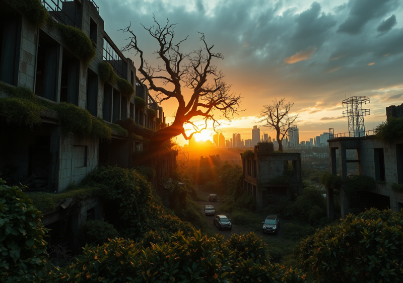 Sunset Through Ruined Buildings and Bare Trees