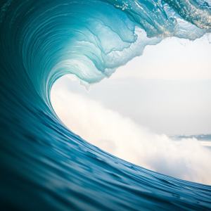 Surfer Riding Massive Blue Ocean Wave