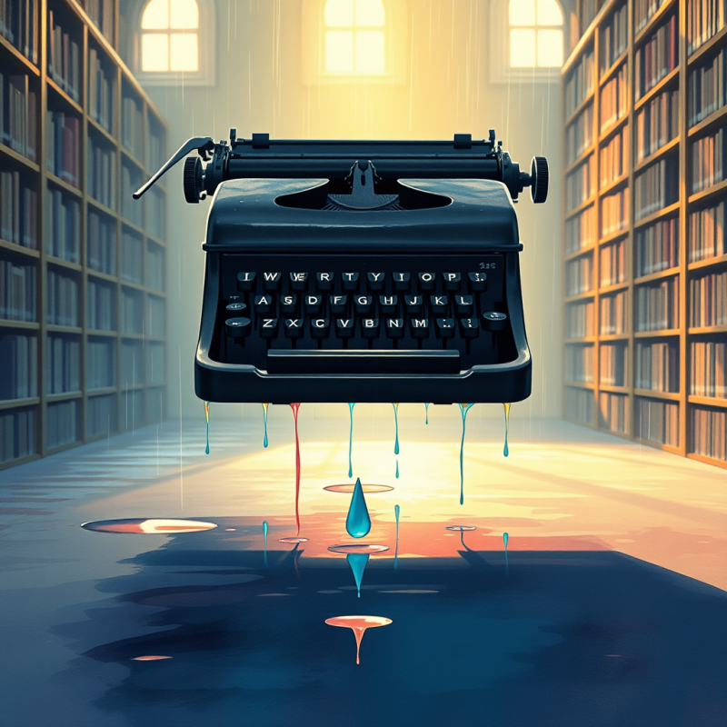 Surreal Black Typewriter Floats in a Sunlit Library
