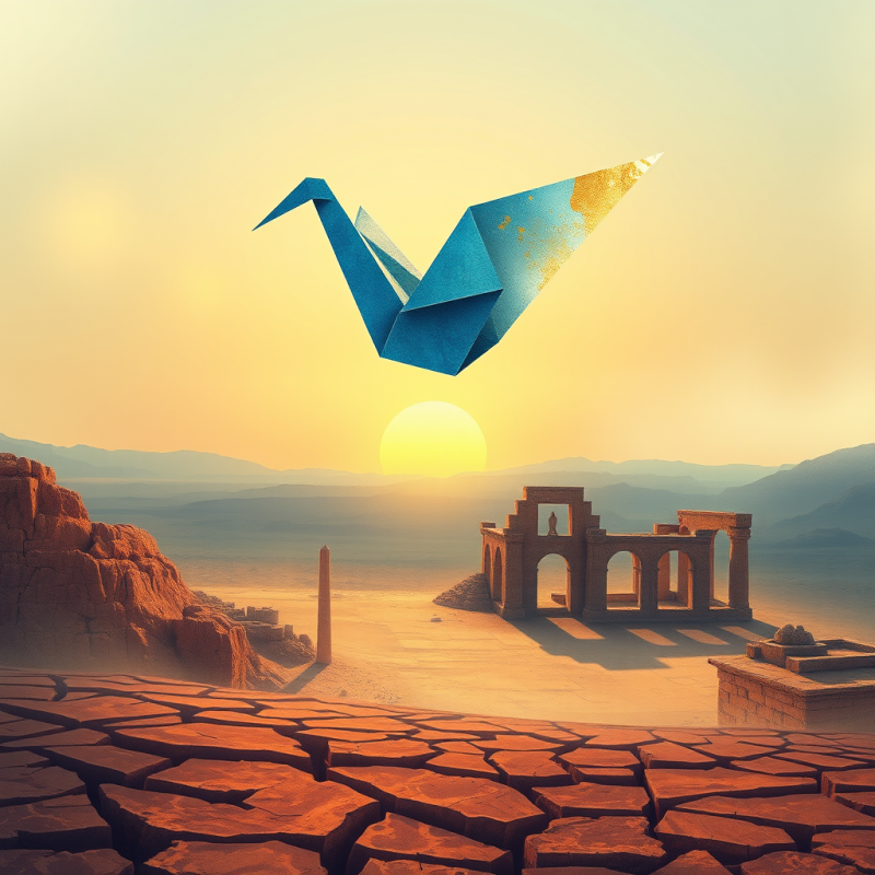 Surreal Blue Origami Crane Soars Above Cracked