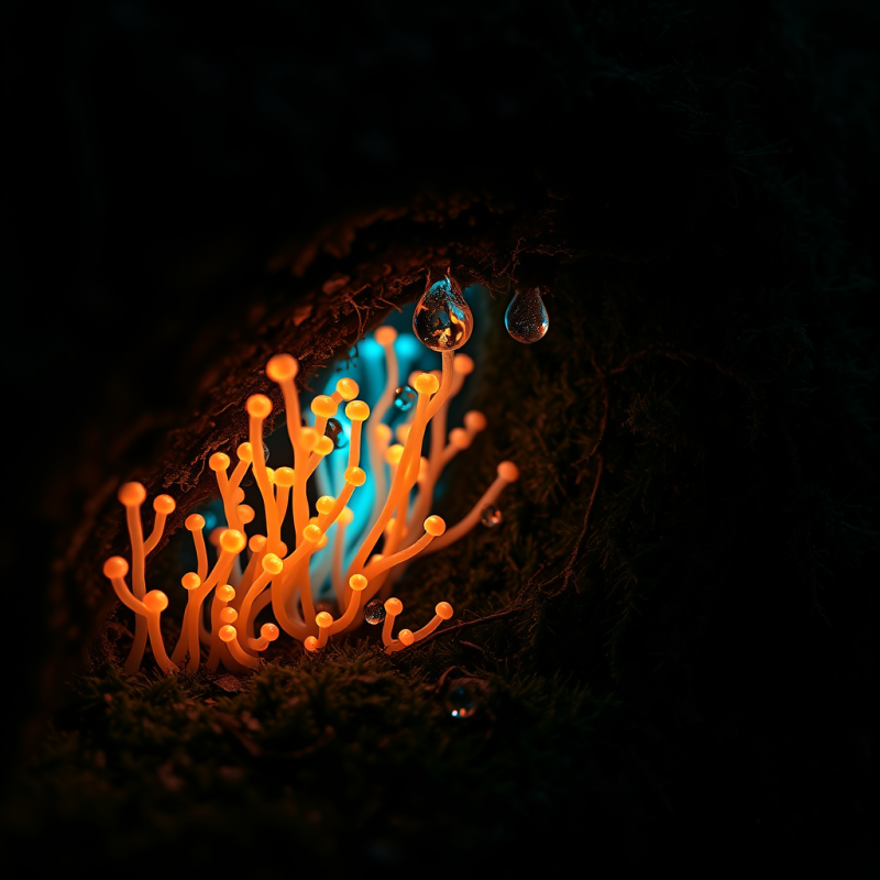 Surreal Close-up of Glowing Orange Fungi Growing in