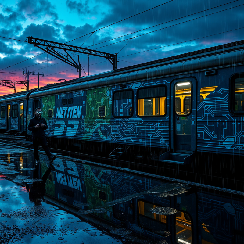 Surreal Cyberpunk Mural Painted on the Rain-slicked Sid...