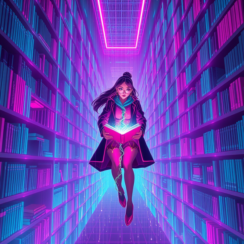 Surreal Digital Illustration of a Cyberpunk Librarian F...