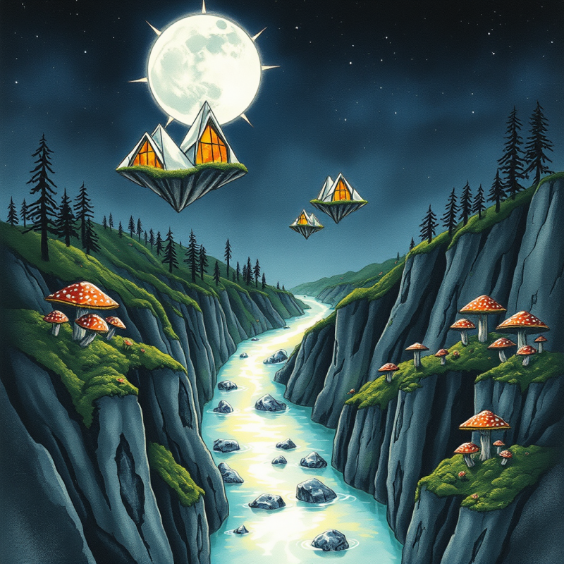 Surreal Fantasy Scene with Glowing Floating Houses