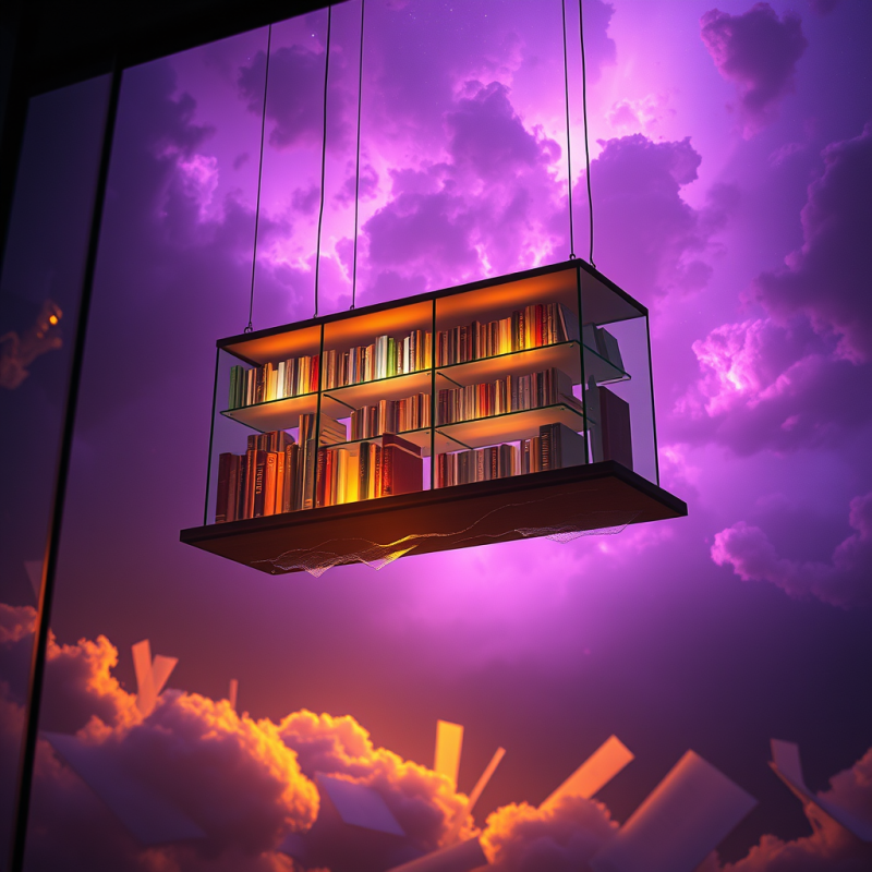 Surreal Floating Library Suspended in a Stormy Purple N...