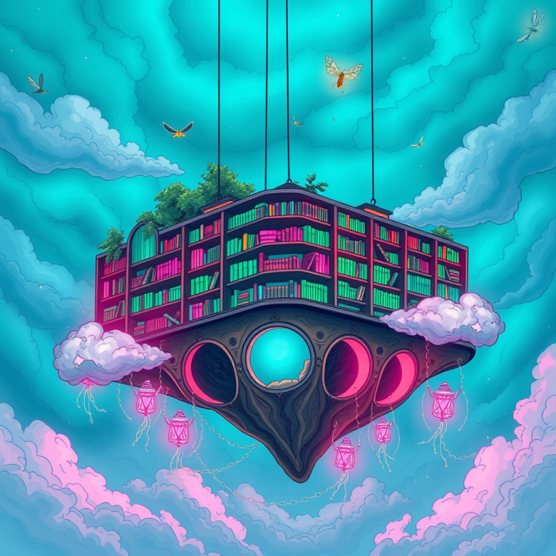 Surreal, Floating Library Suspended in a Vibrant