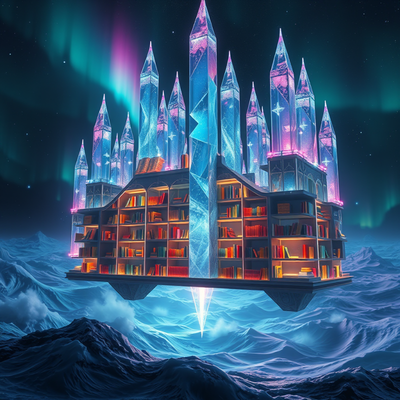 Surreal Floating Library with Glowing Crystal Spires