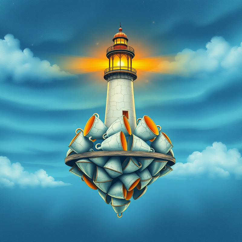 Surreal Floating Lighthouse Emits Warm Light,