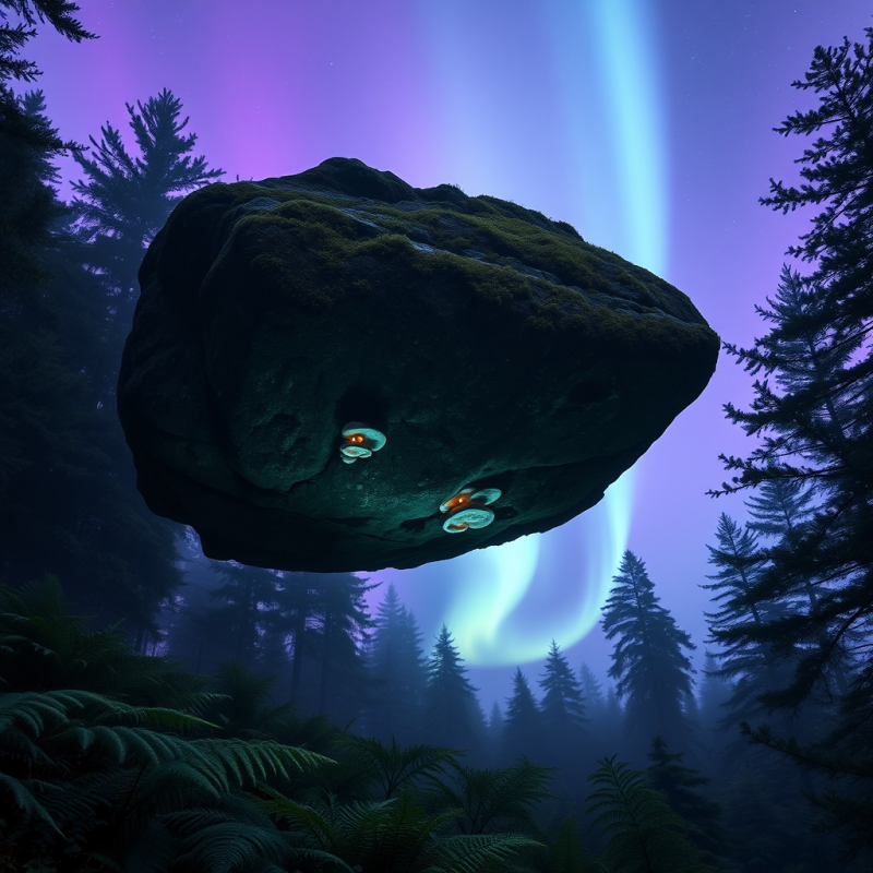 Surreal Floating Rock Covered in Moss and Glowing