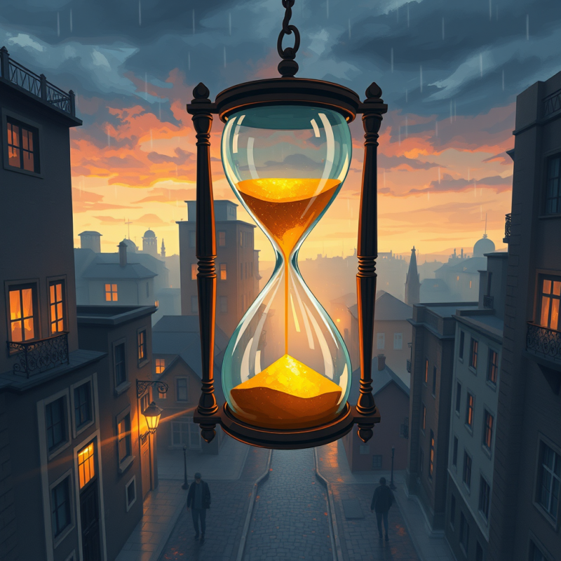 Surreal Giant Hourglass Hangs Over a Rainy Urban