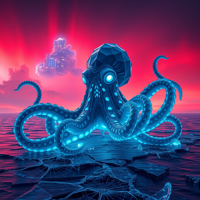 Surreal, Glowing Blue Octopus Emerges from Fractured