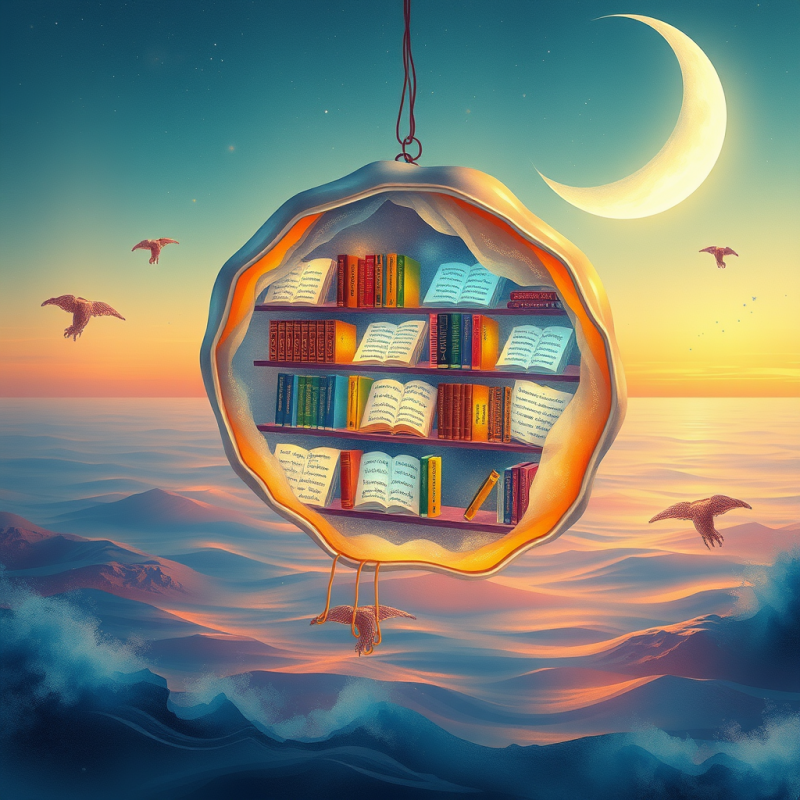Surreal, Glowing Bookshelf Suspended in a Twilight