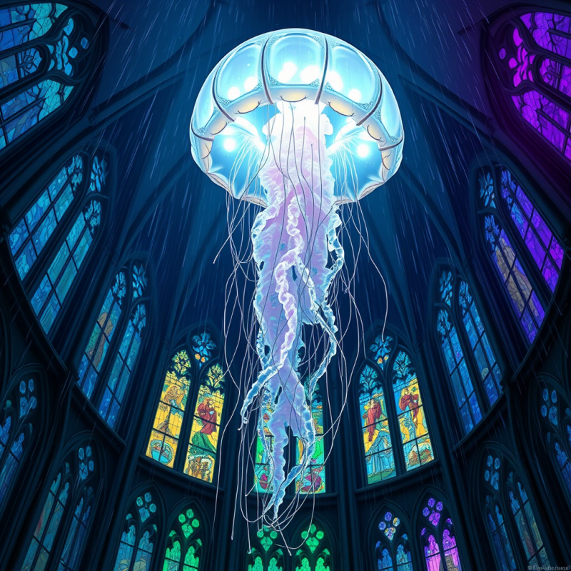 Surreal, Glowing Jellyfish Floats Amidst Stained