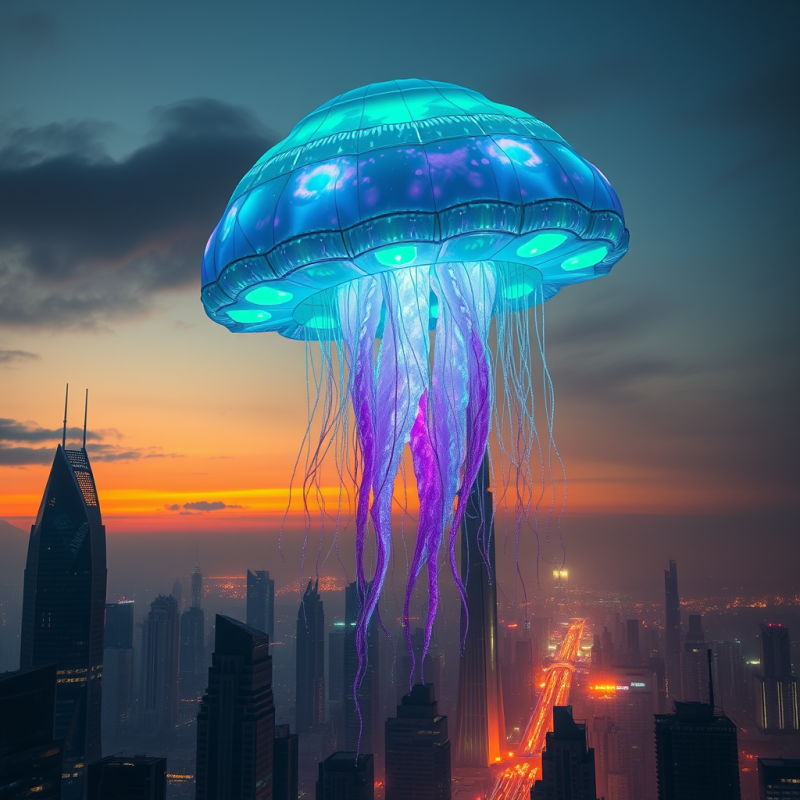 Surreal, Glowing Jellyfish Hovers Over a Futuristic