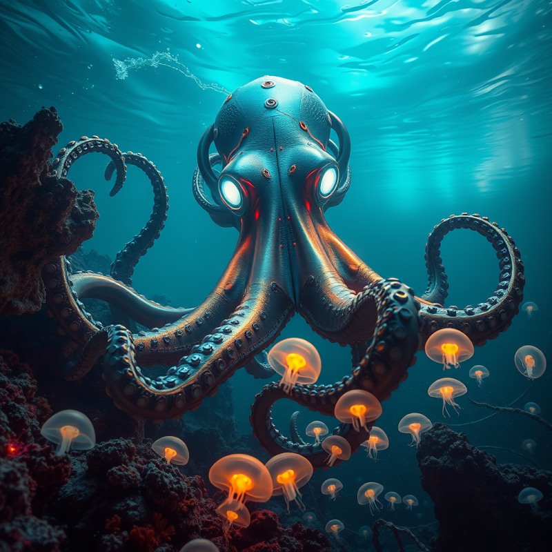 Surreal, Glowing Octopus with Luminous Eyes