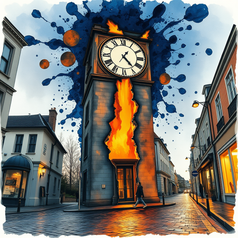 Surreal Hand-drawn Illustration of a Clocktower Melting...