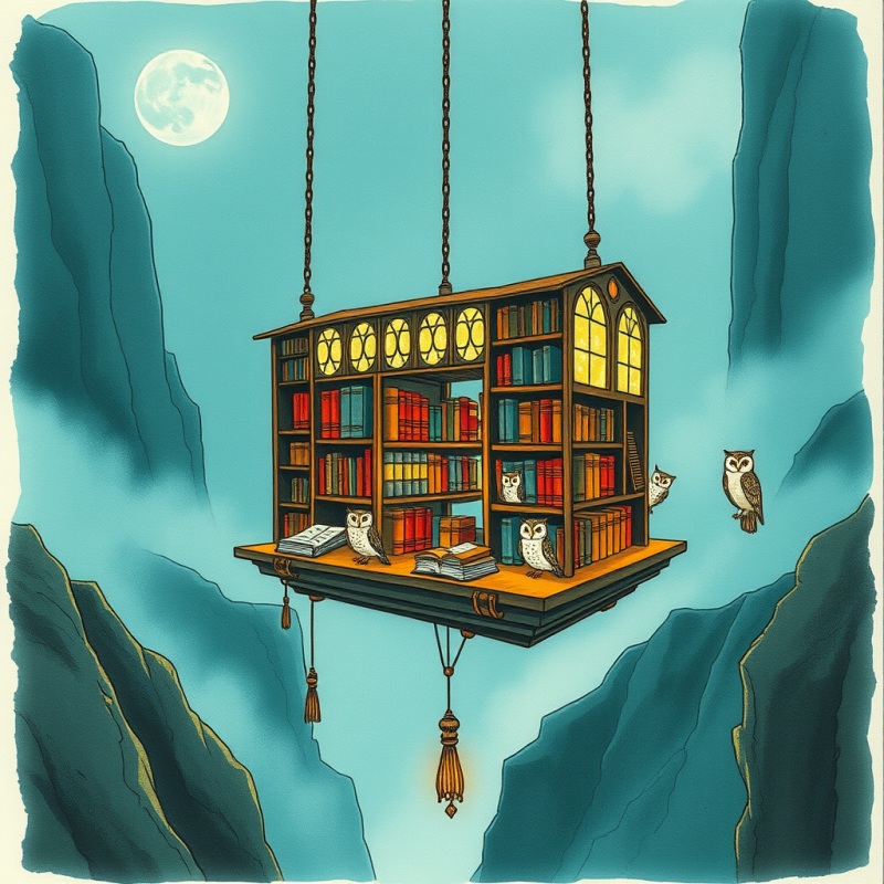 Surreal Hand-drawn Illustration of a Floating Library S...