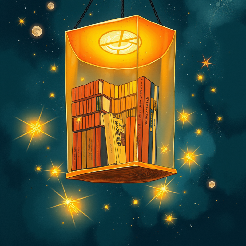 Surreal Hand-drawn Illustration of a Floating Library M...