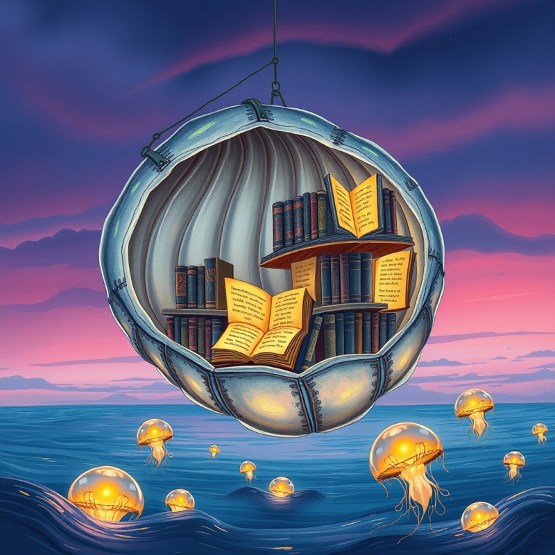 Surreal Hand-drawn Illustration of a Floating Library M...