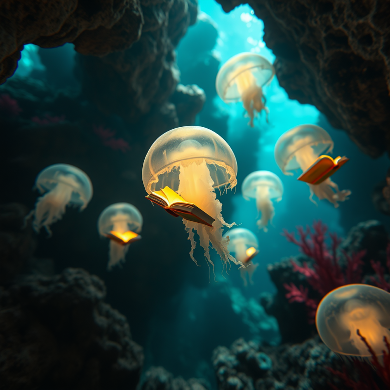 Surreal Hand-drawn Illustration of a Floating Library M...