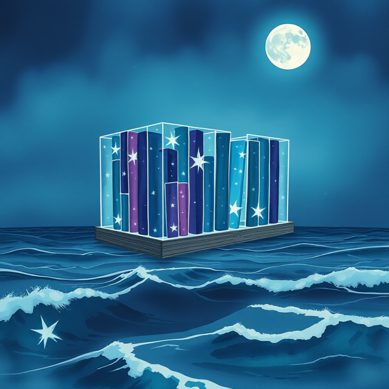 Surreal Hand-drawn Illustration of a Floating Library M...