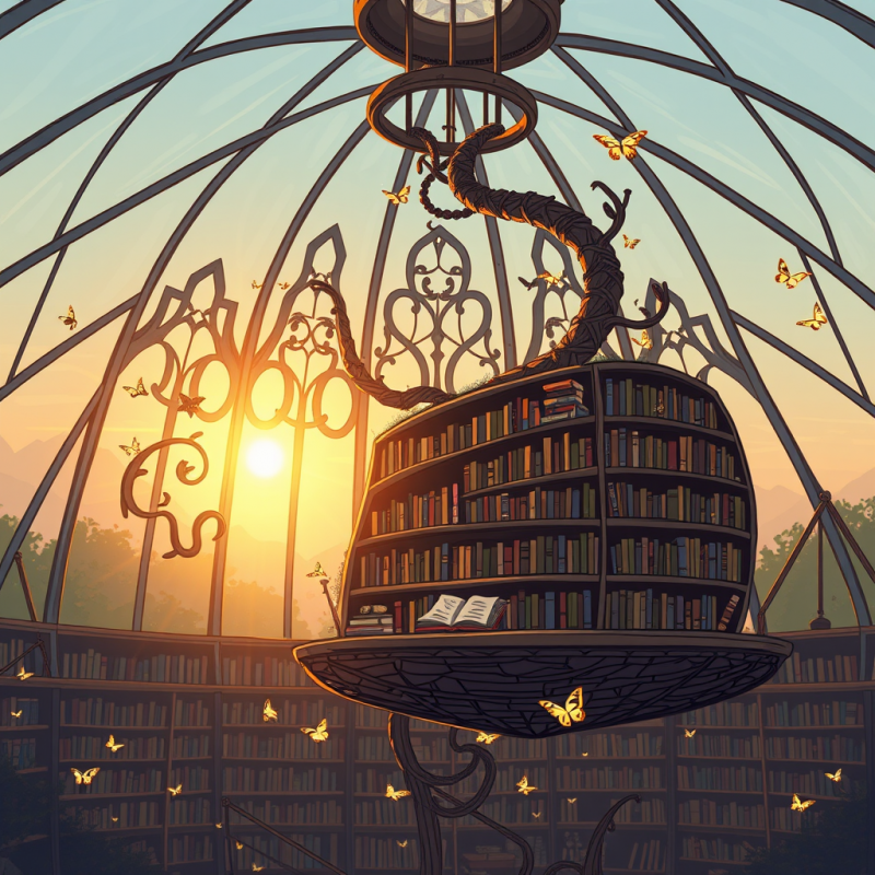 Surreal Hand-drawn Illustration of a Floating Library S...