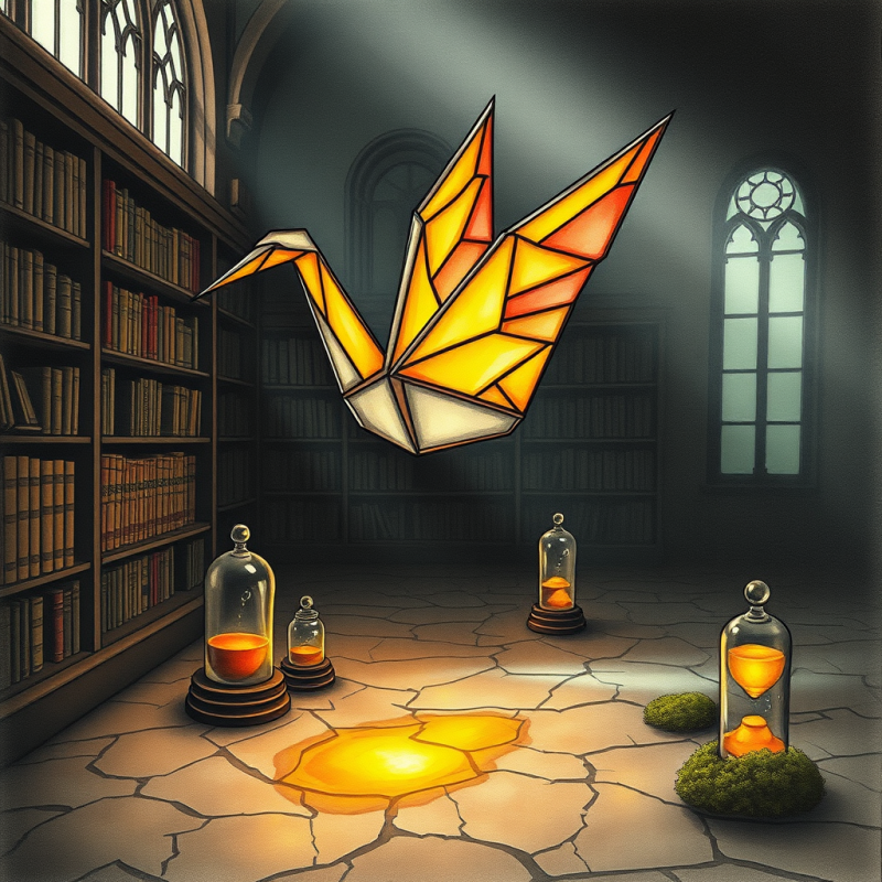 Surreal Hand-drawn Illustration of a Floating Origami C...