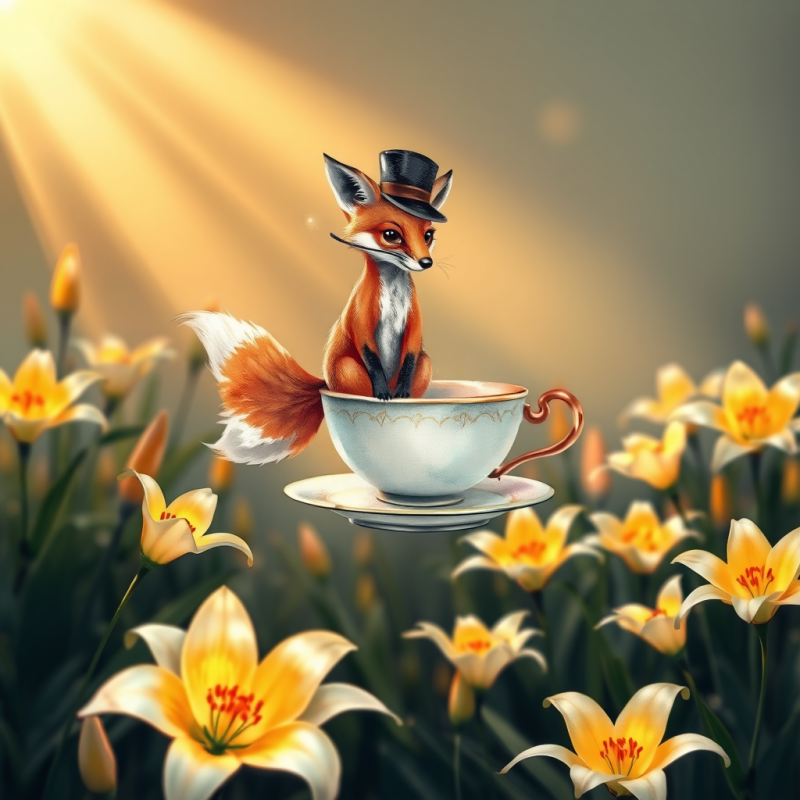 Surreal Hand-drawn Illustration of a Fox Wearing a Tiny...