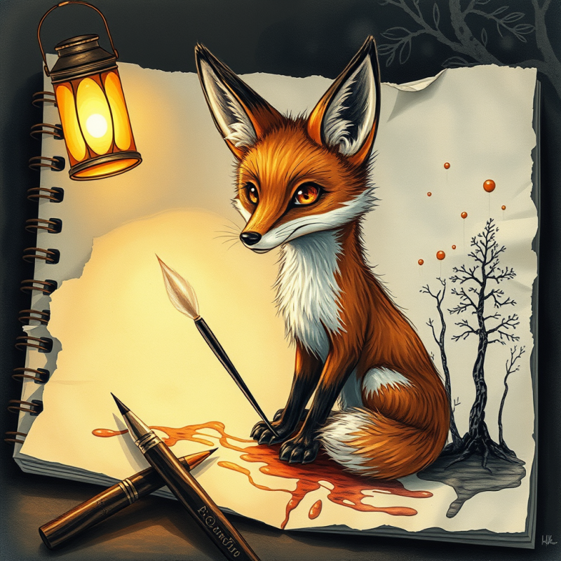Surreal Hand-drawn Illustration of a Fox with Human Eye...