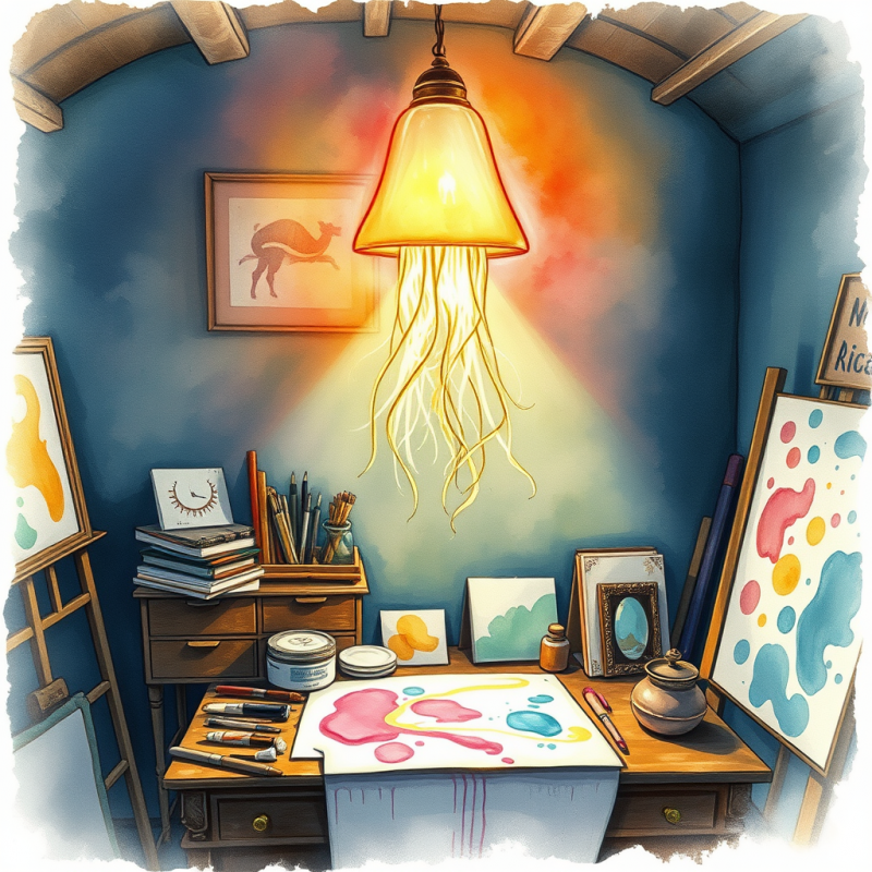 Surreal Hand-drawn Illustration of a Glowing Jellyfish-...