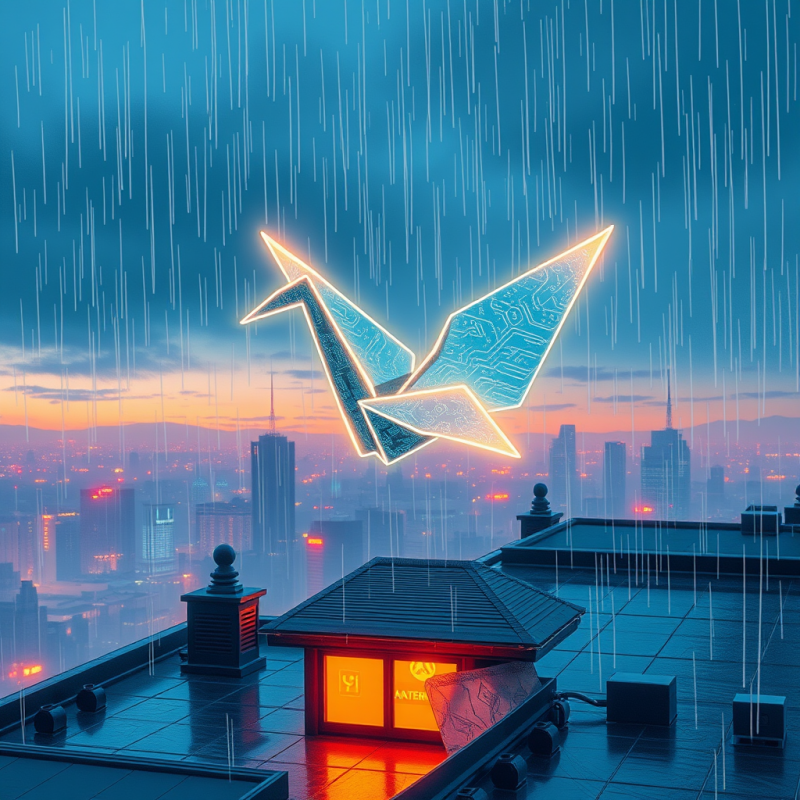 Surreal Hand-drawn Illustration of a Glowing Origami Cr...