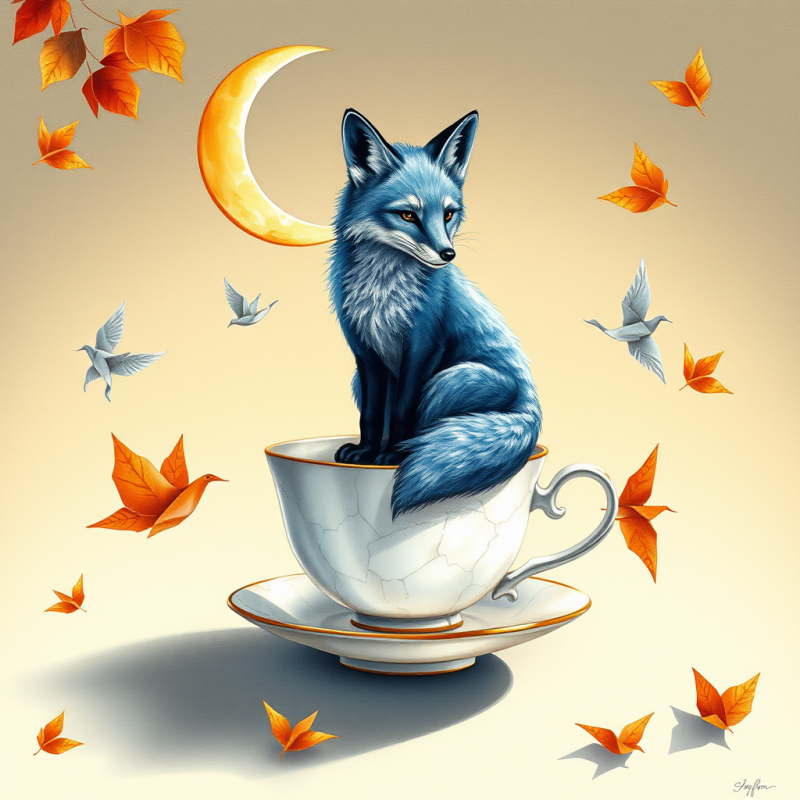 Surreal Hand-drawn Illustration of a Melancholic Fox Wi...