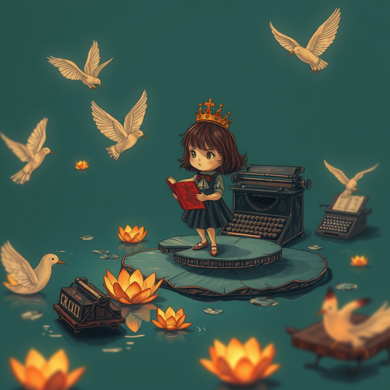 Surreal Hand-drawn Illustration of a Tiny Librarian Wea...