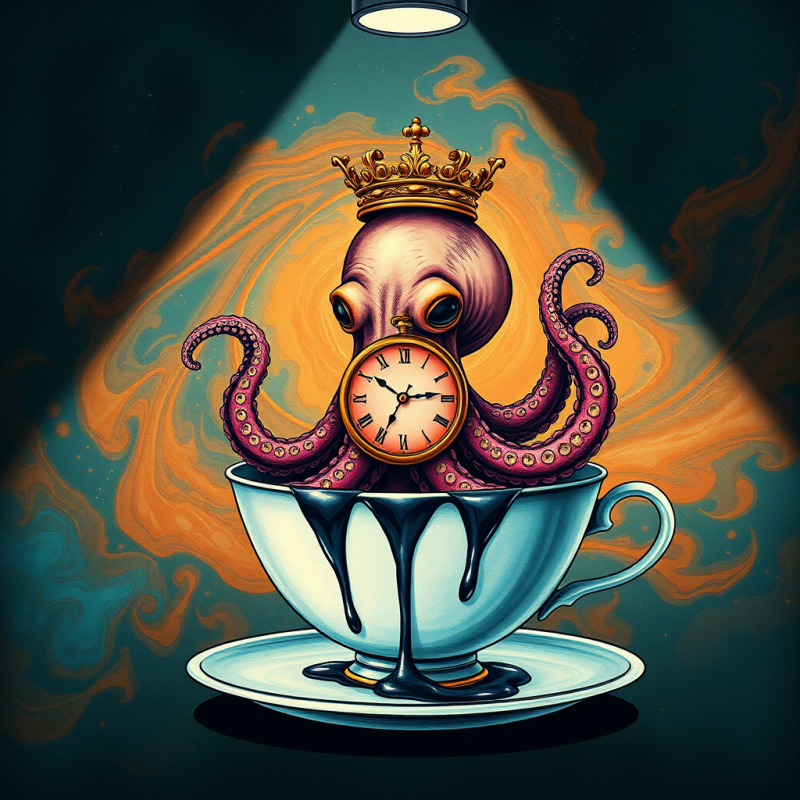 Surreal Illustration of a Crowned Octopus with a