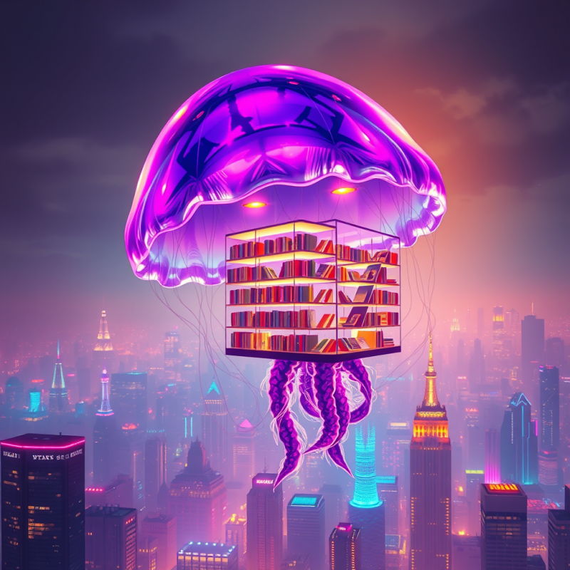 Surreal Image of a Floating Library with a Purple