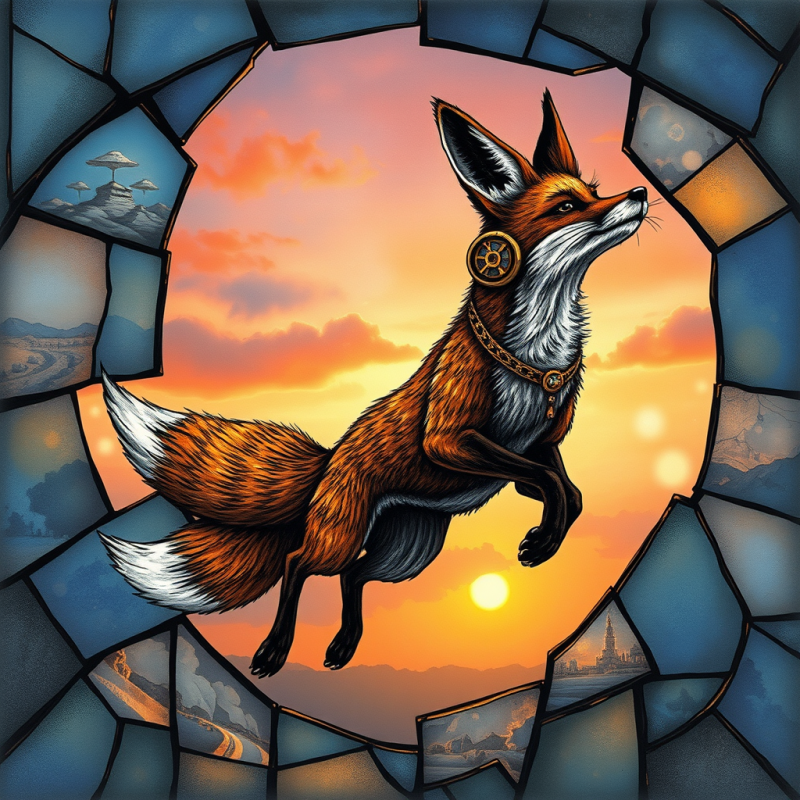 Surreal Ink-wash Illustration of a Clockwork Fox with B...