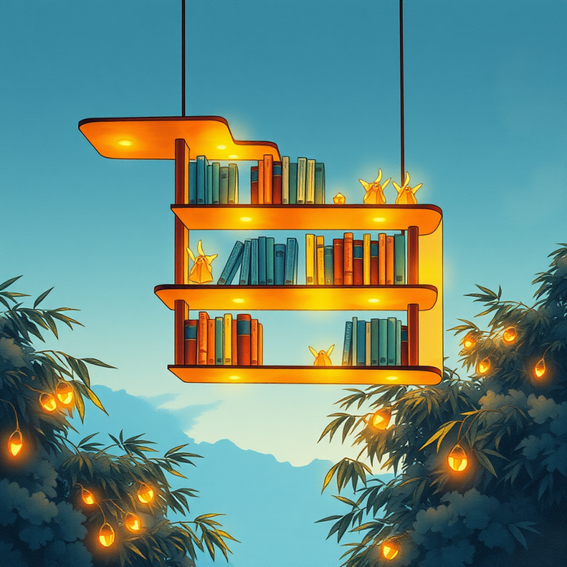 Surreal Ink-wash Illustration of a Floating Library Mad...