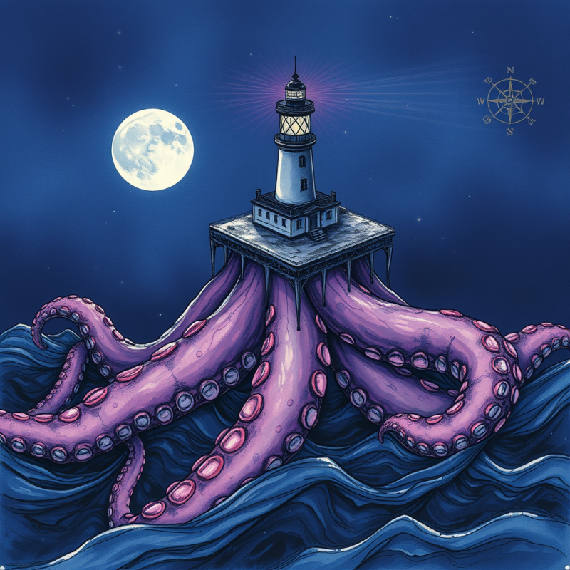 Surreal Ink-washed Illustration of a Lighthouse Perched...