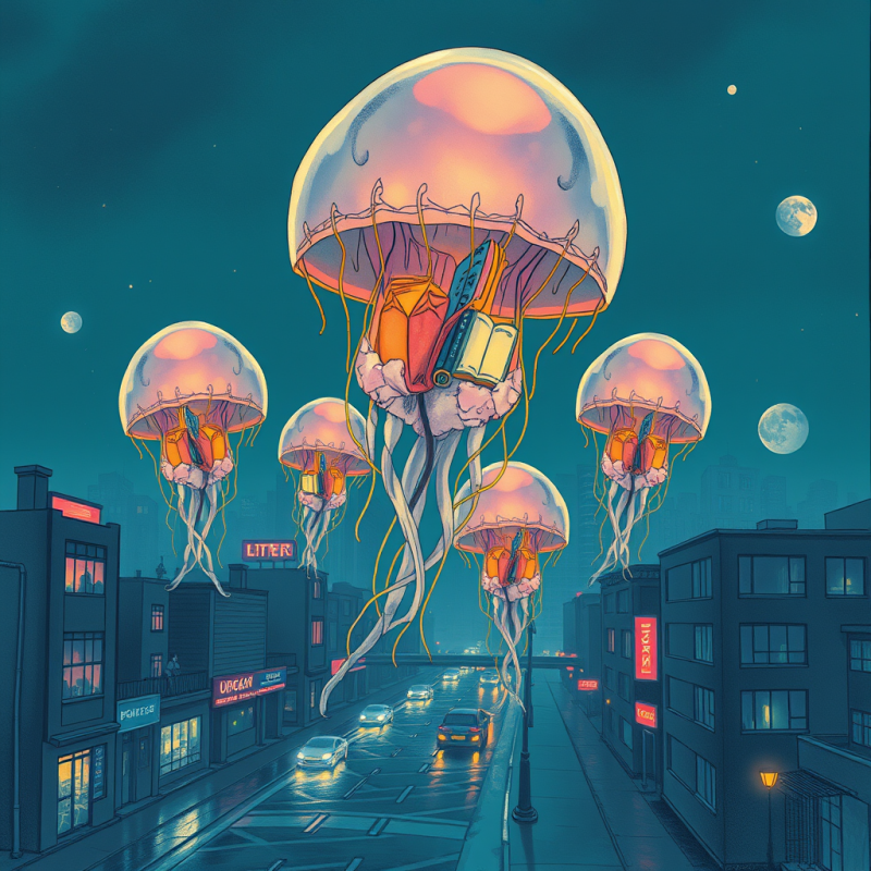 Surreal Jellyfish Carrying Books Drift Above a