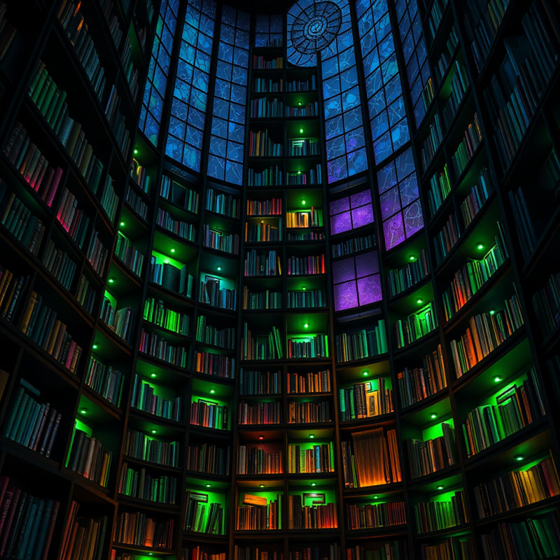 Surreal Library with Curved Bookshelves Glowing