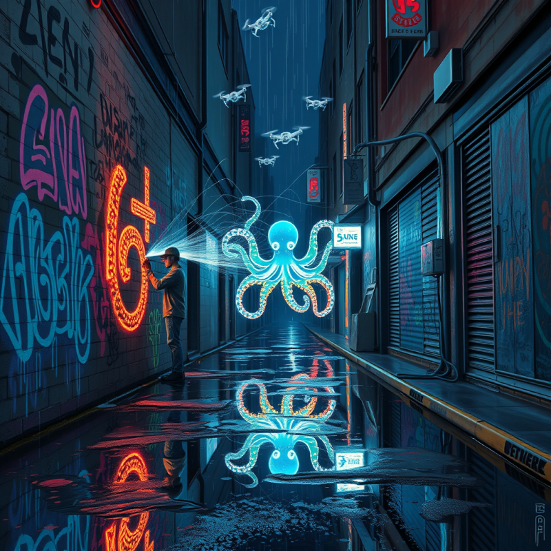 Surreal Neon Octopus Emerges from Graffiti in a
