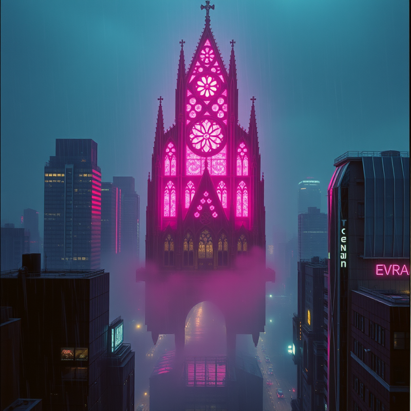 Surreal, Rain-soaked Cityscape Featuring a Glowing