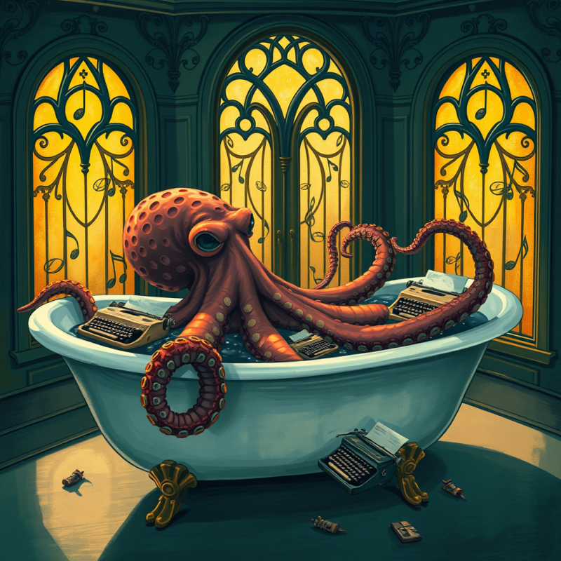 Surreal Scene of an Octopus in a Clawfoot Bathtub