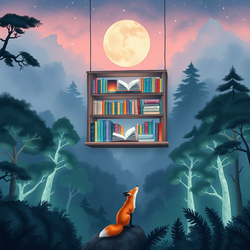 Surreal Watercolor Illustration of a Floating Bookshelf...