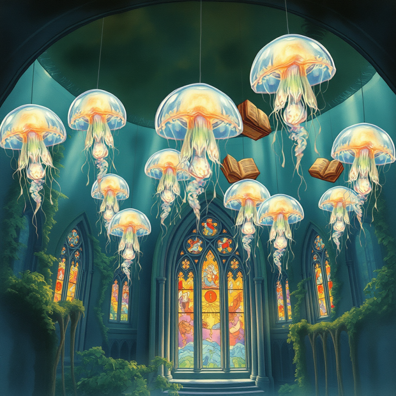 Surreal Watercolor Illustration of a Floating Library M...