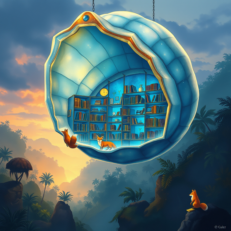 Surreal Watercolor Illustration of a Floating Library B...
