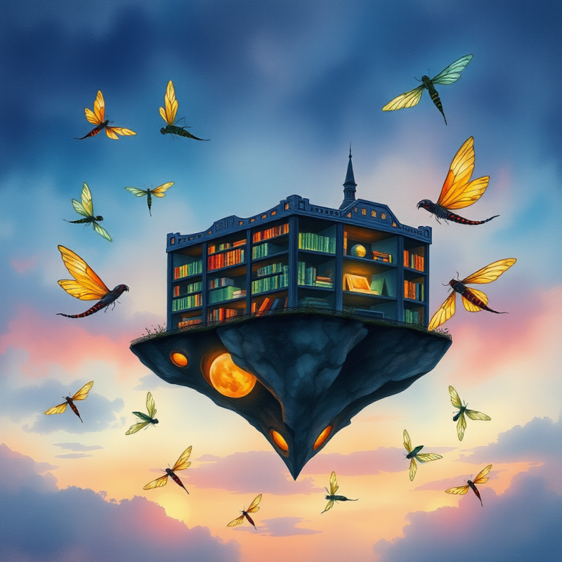 Surreal Watercolor Illustration of a Floating Library I...