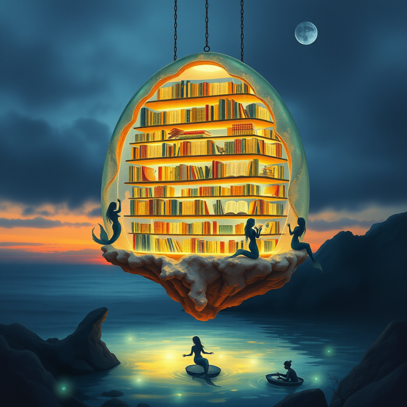 Surreal Watercolor Illustration of a Floating Library M...