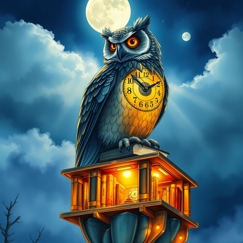 Surreal Watercolor Illustration of a Giant Clockwork Ow...