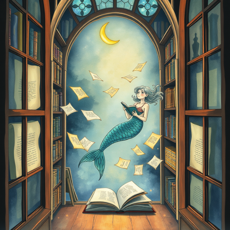Surreal Watercolor Illustration of a Mermaid Librarian ...